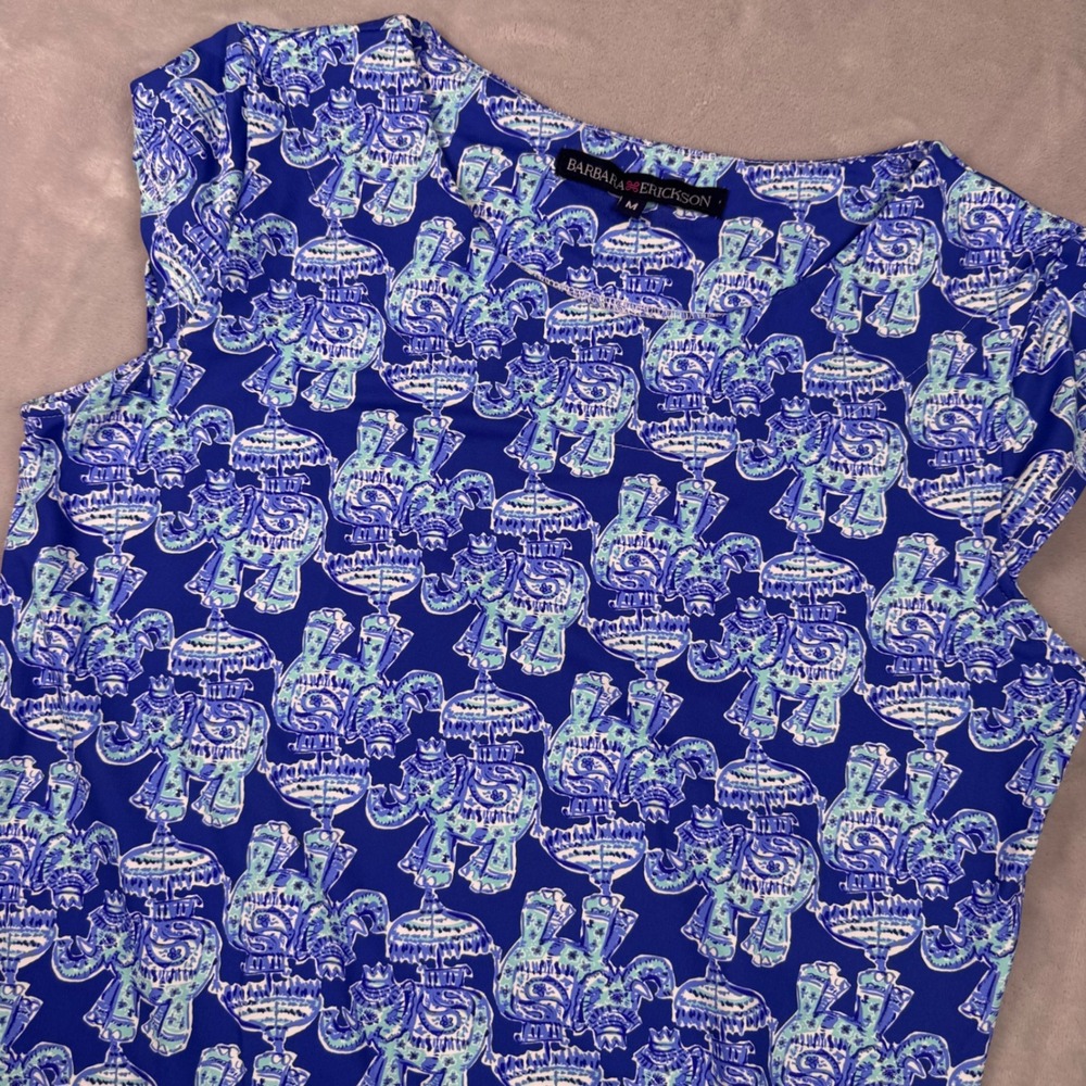 Barbara Erickson‎ Womens Blue Teal Elephant Print Shift Dress Size M Cap Sleeve